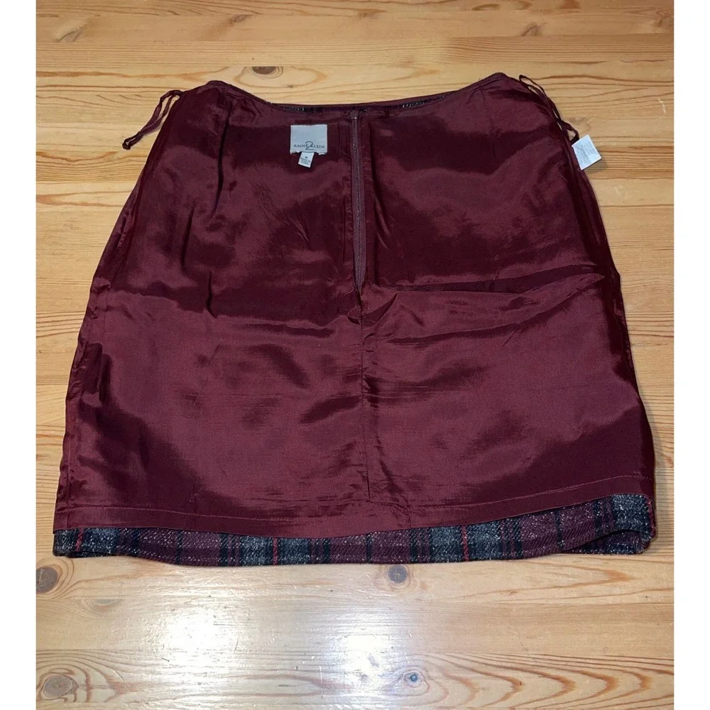 ANNE KLEIN Burgundy/Black/Gray Plaid Short Pencil Skirt Silk Blend  Womens 8 - Picture 8 of 9